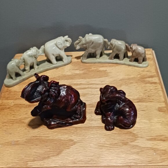 Other - 2 Red Resin Elephant Figurines and 2 Stone Carved Line of Elephants Figurines